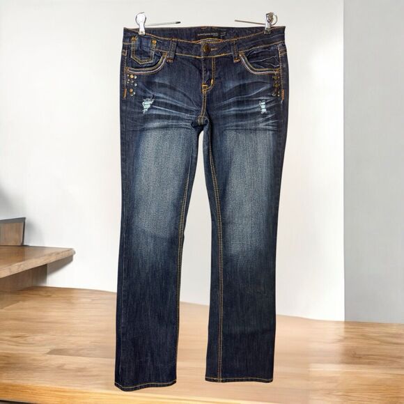 Slim Boot Low Rise Jeans Dark Wash Women 11/12R Thick Stitch Studs Whiskers Fade - Picture 5 of 16